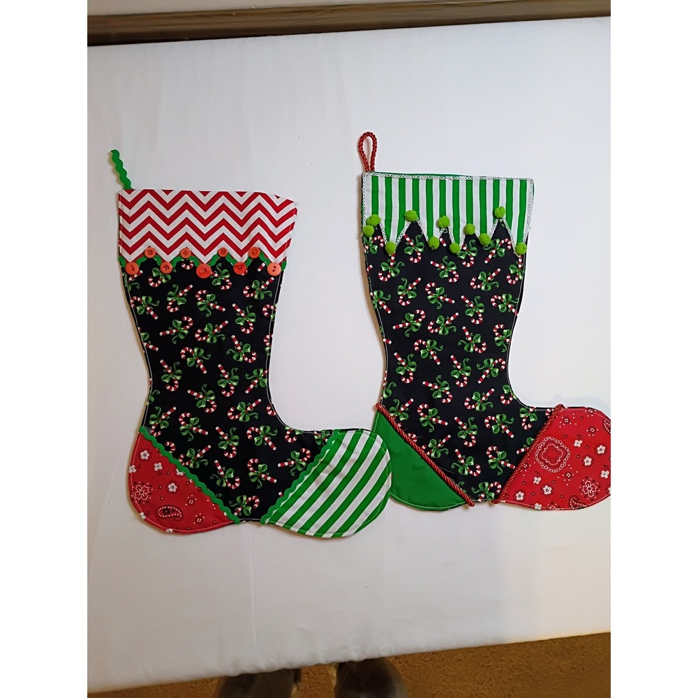 Handmade Christmas Stocking Candy Cane Patchwork Red‎ Green Black Elf Boot Style